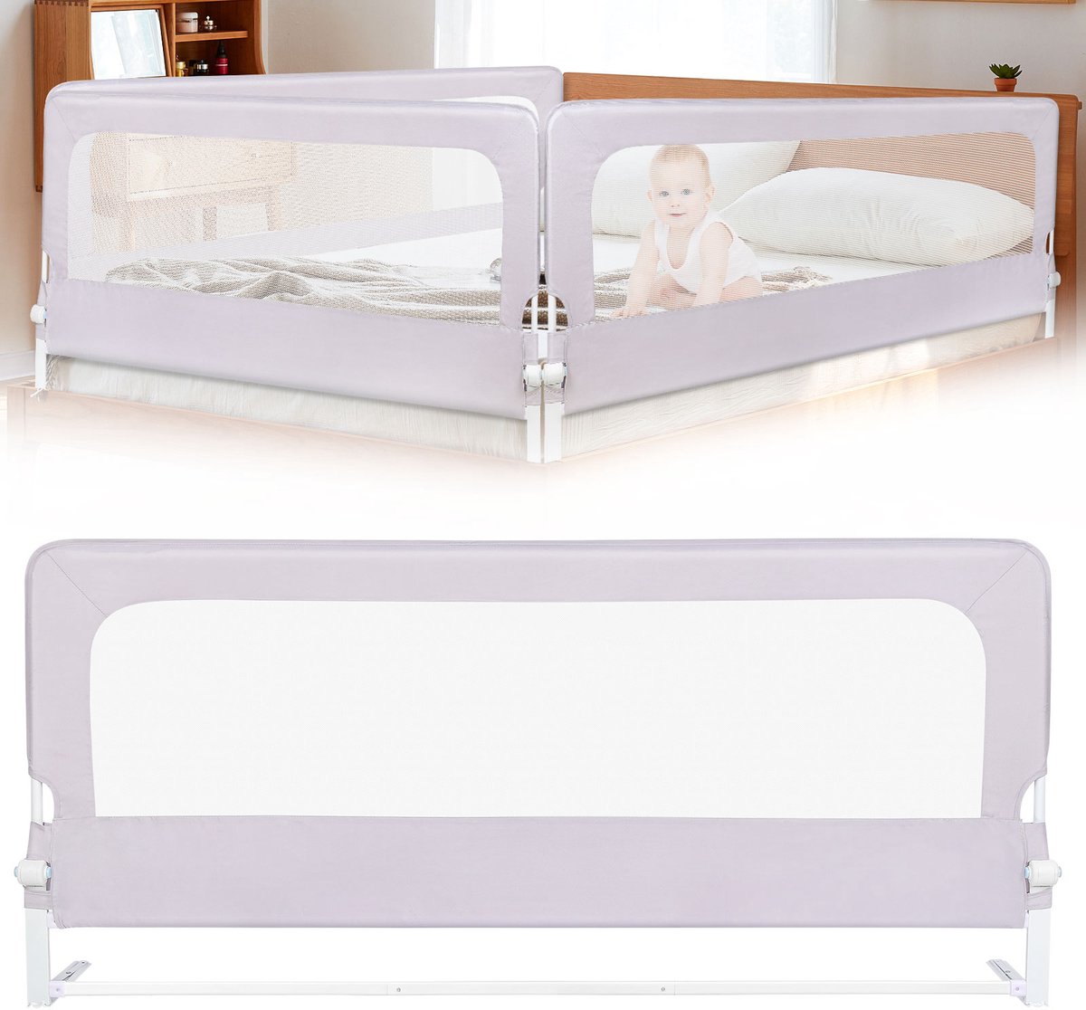 PIPIPOXER Bedhekje - Bedhek - Bedhekje Verstelbaar - Draagbaar– Bedrail - Geen boren nodig - 180 x 70 x 26 cm - Grijs