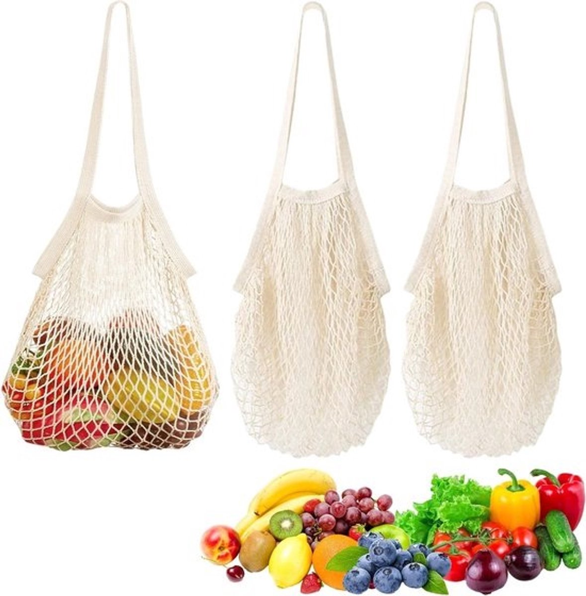 Herbruikbare mesh shop-tas set van 3 - 36 x 35 cm, wasbaar en duurzaam