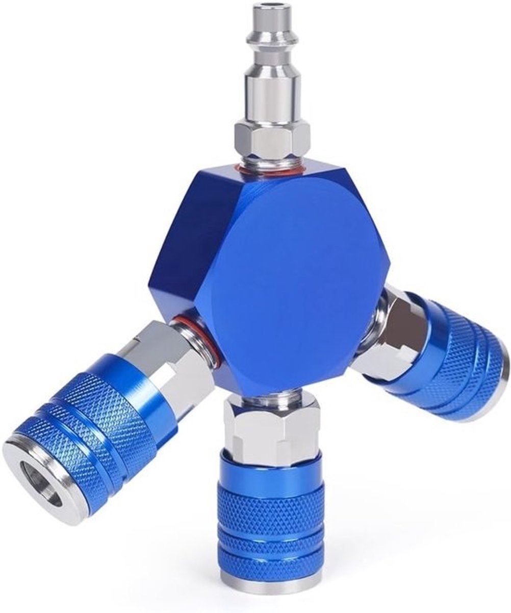 Luchtverdeler - Persluchtverdeler - Voor het aansluiten van gereedschap - 3 uitgangen - 1/4 NPT - Blauw
