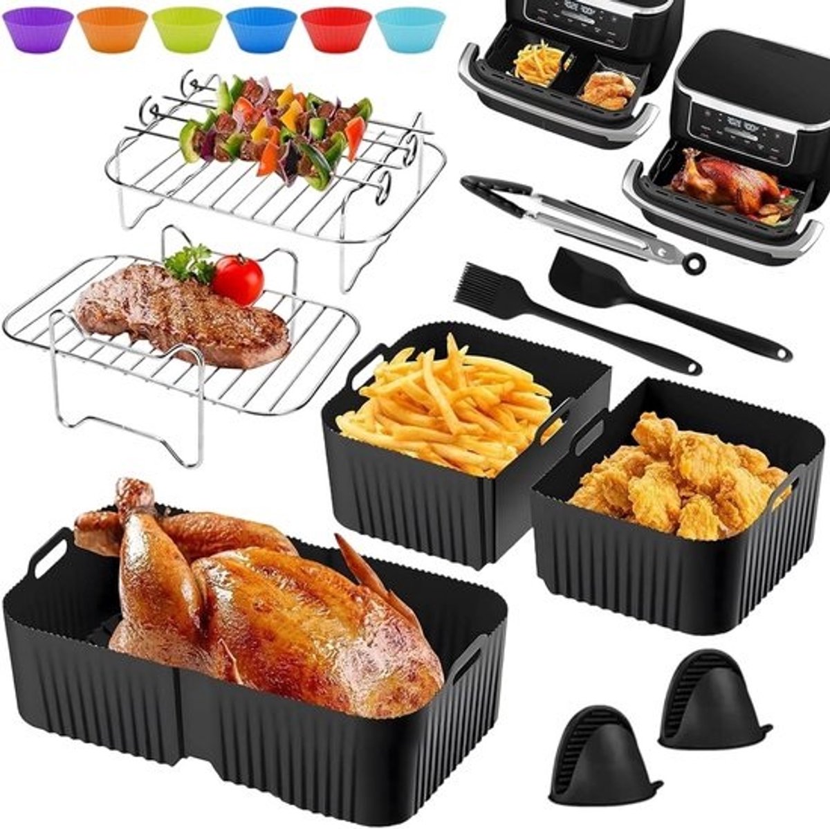 Herbruikbare siliconen airfryeraccessoires voor Dual Zone-airfryers - flexibele liners en mandinserts voor gezond koken - grillrek en keukenhandschoenen