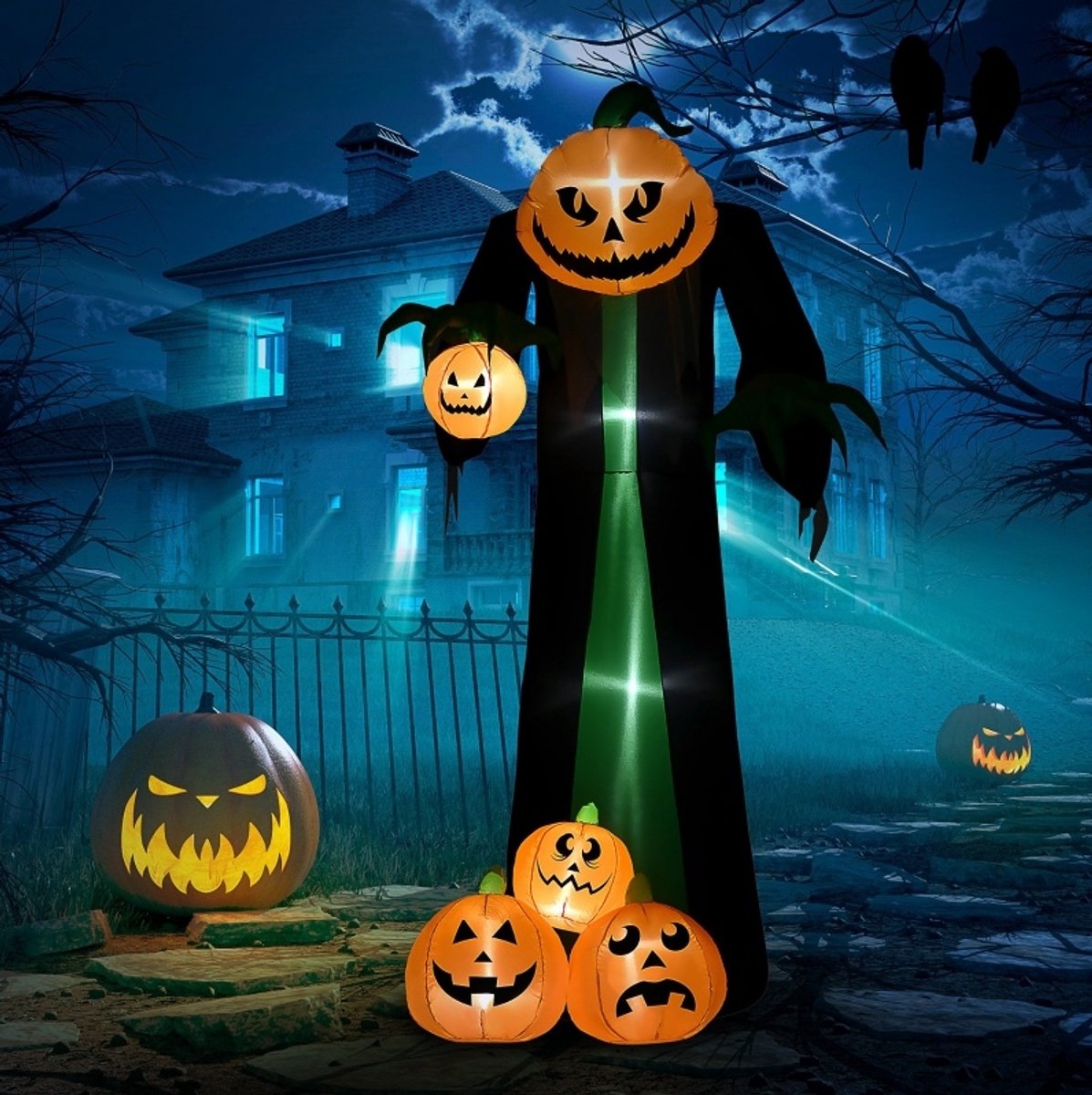 OKWISH Opblaasfiguur Zelfopblazend – 129 x 96 x 240 cm – Polyester – Meerkleurig – Pompoengeest voor Buiten – Ledverlichting voor Halloween
