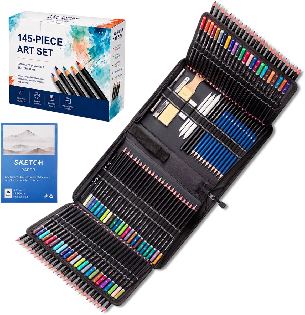 Fokelyi Professionele Teken Set 145-Delig - Schets Potloden Set- 120 Kleur Potloden-Houtskool-Schets Tekenpotlood- Grafiet-A5- Kunstbenodigdheden-Schetsboek-Kunstenaars/Beginners/Volwasse