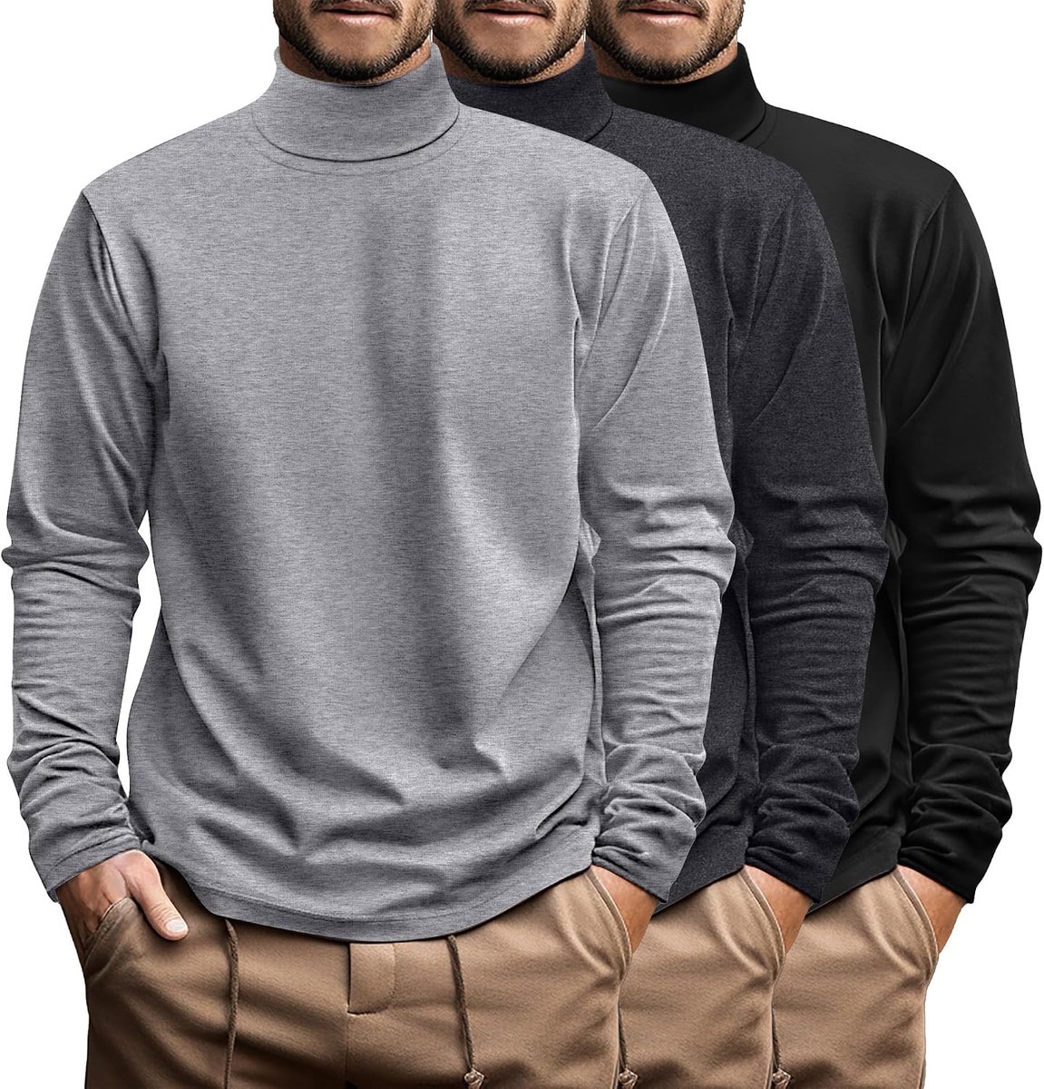 Set van 3 grote en lange coltrui voor heren, katoen, lange mouwen, coltrui, tops, grote maten, losse pasvorm, basic T-shirt