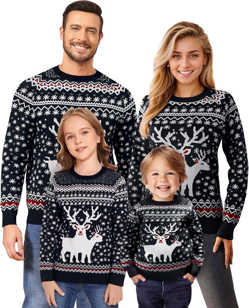 Kersttrui, voor dames, heren en kinderen, grappige kersttrui, ugly Christmas sweater, ronde hals, gebreid, met rendieren, uniseks, familieset, Kinder-zwart, 4 Jaar