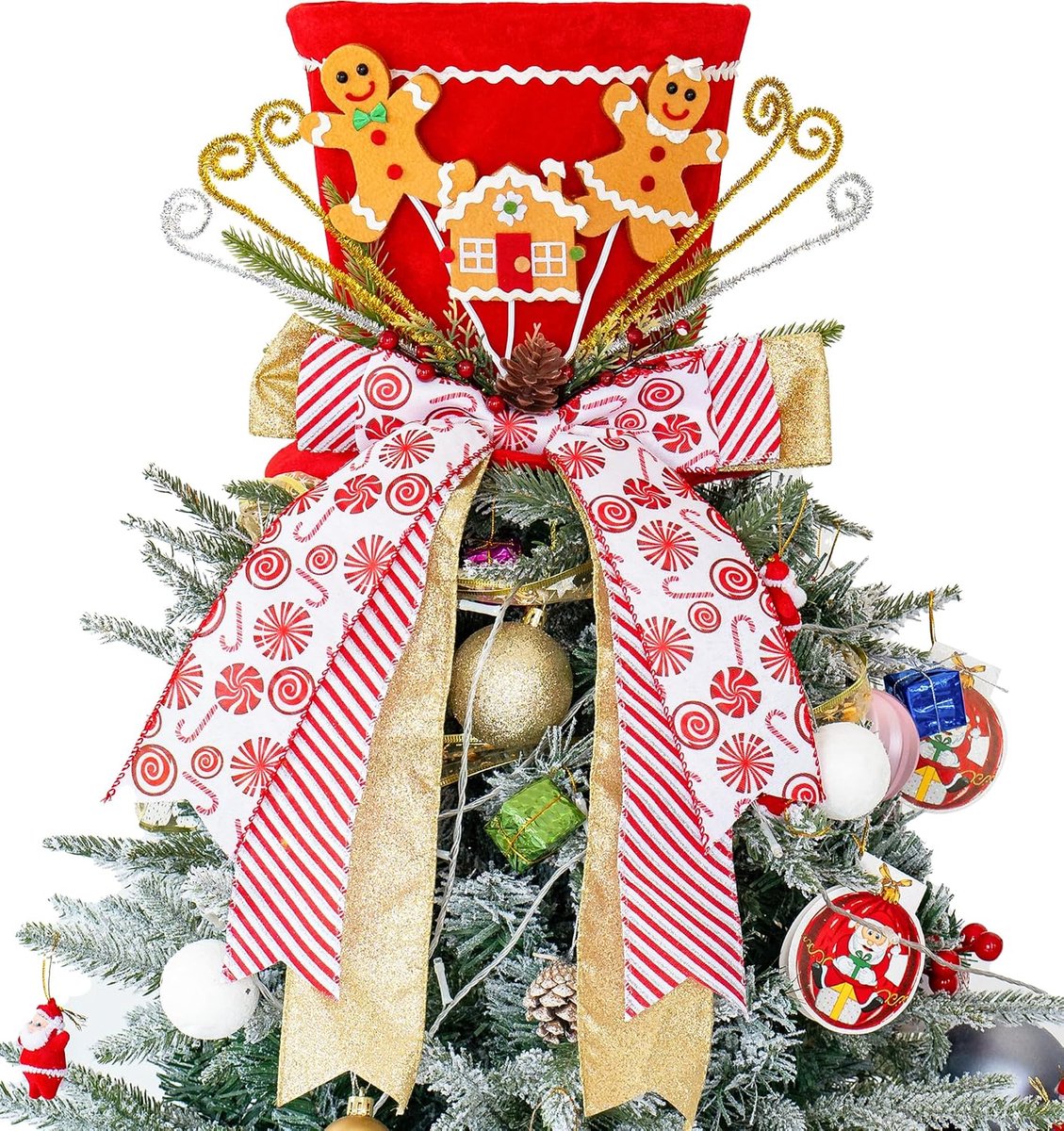 Hoed, peperkoek man kerstboom toppers grote rode pailletten hoed met verlengd lint, kerstboomversieringen voor kerstvakantie