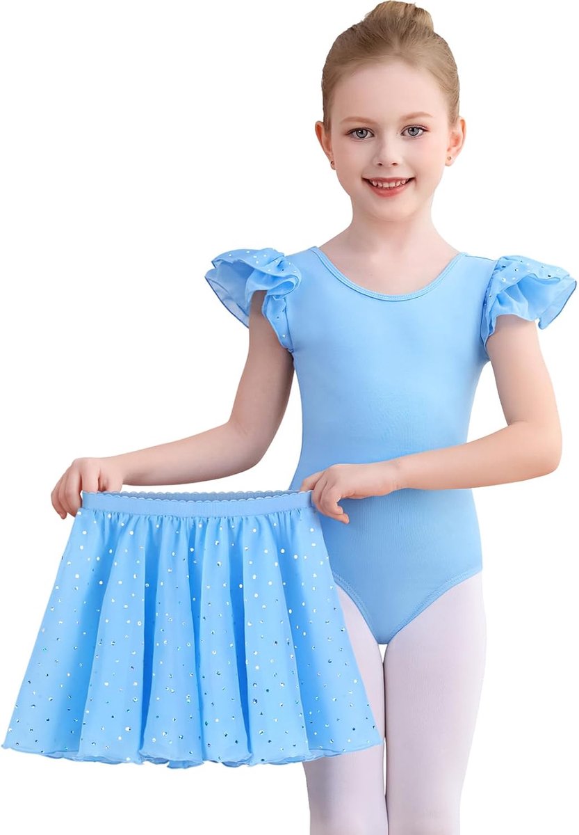 Balletoutfits voor meisjes, peuters, glanzende danspakjes, bodysuit, ruches mouwen, balletpakje met afneembare rok