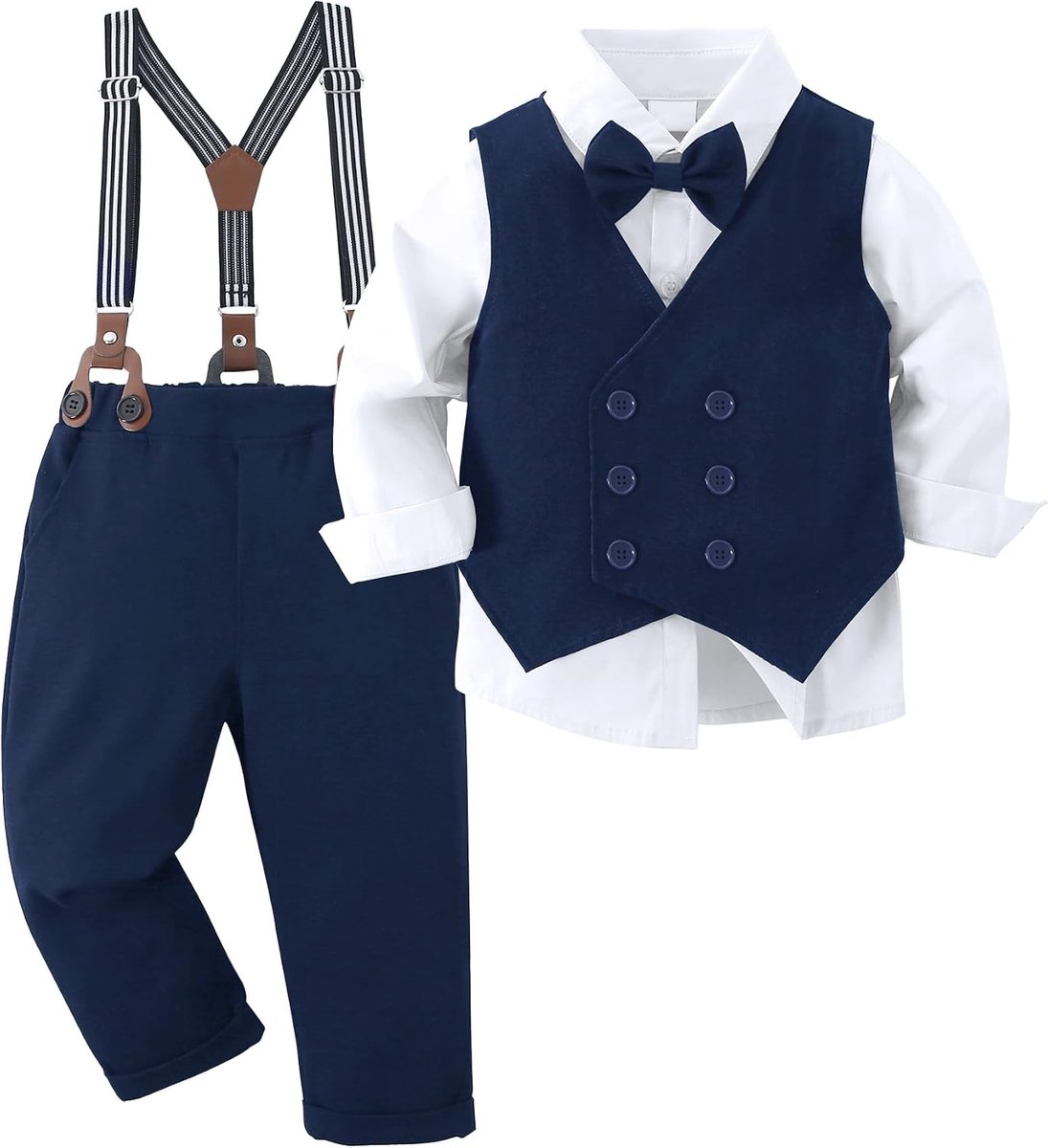 Gentleman-outfit 6-10 jaar, feestelijke kledingset, dooppak, bruiloftspak, feestpak + lange mouwen + vest + strik + bretels