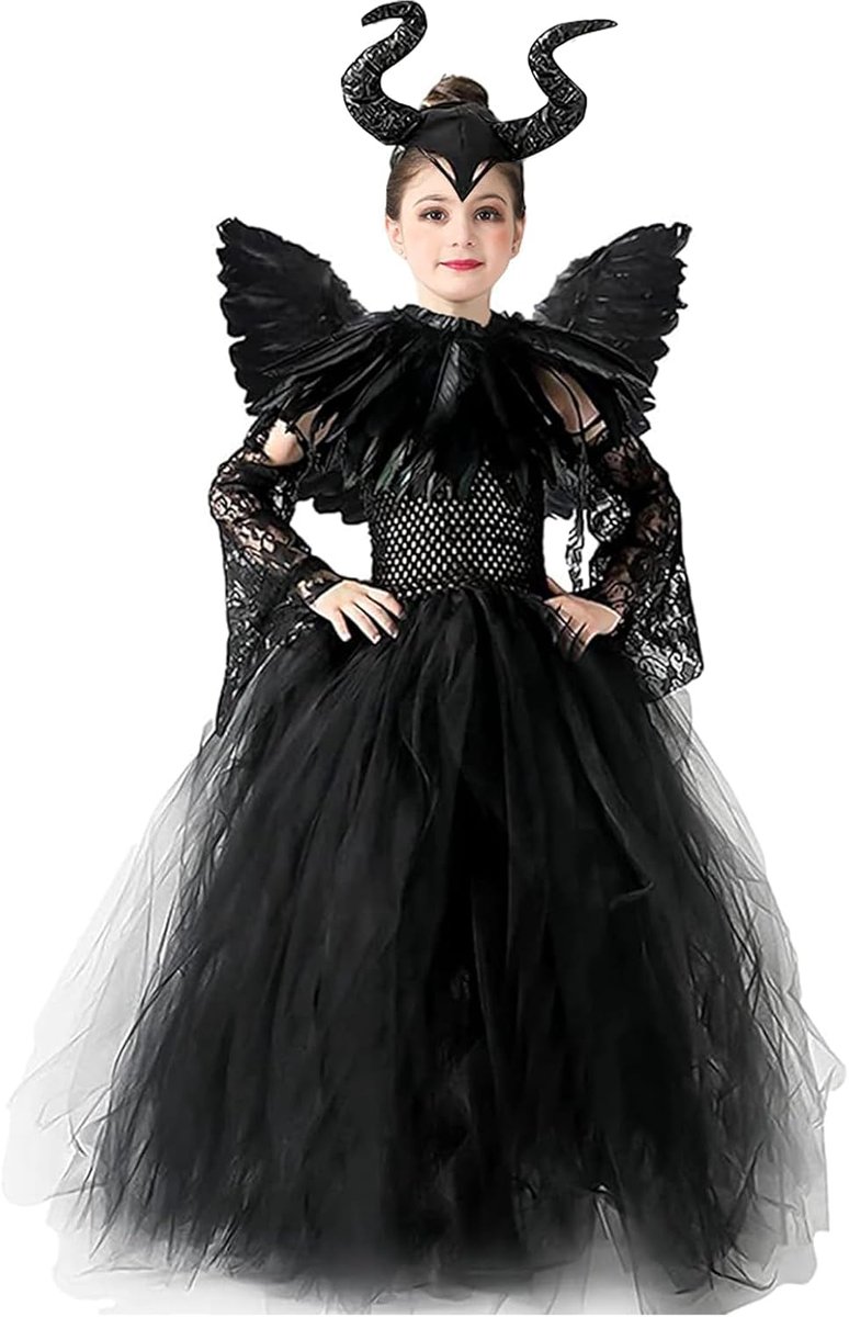 Kostuum meisjes: kinderen boze koningin heks jurk set met hoorns hoofdtooi en zwarte vleugels cape - Halloween carnaval verkleedpartij outfit