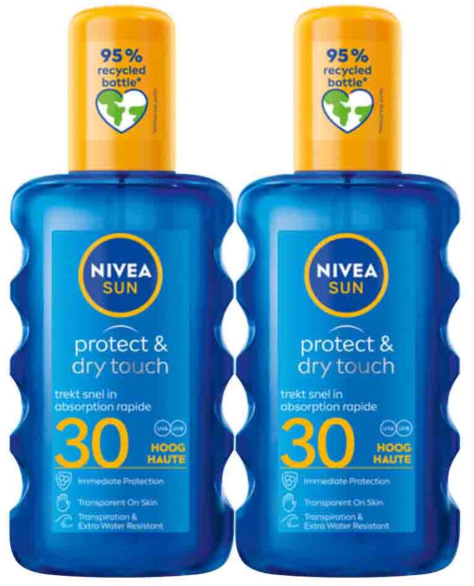 NIVEA Sun Protect en Dry Touch Verfrissende Vernevelende Zonnebrand Spray SPF 30 - 2 x 200 ml - Voordeelverpakking