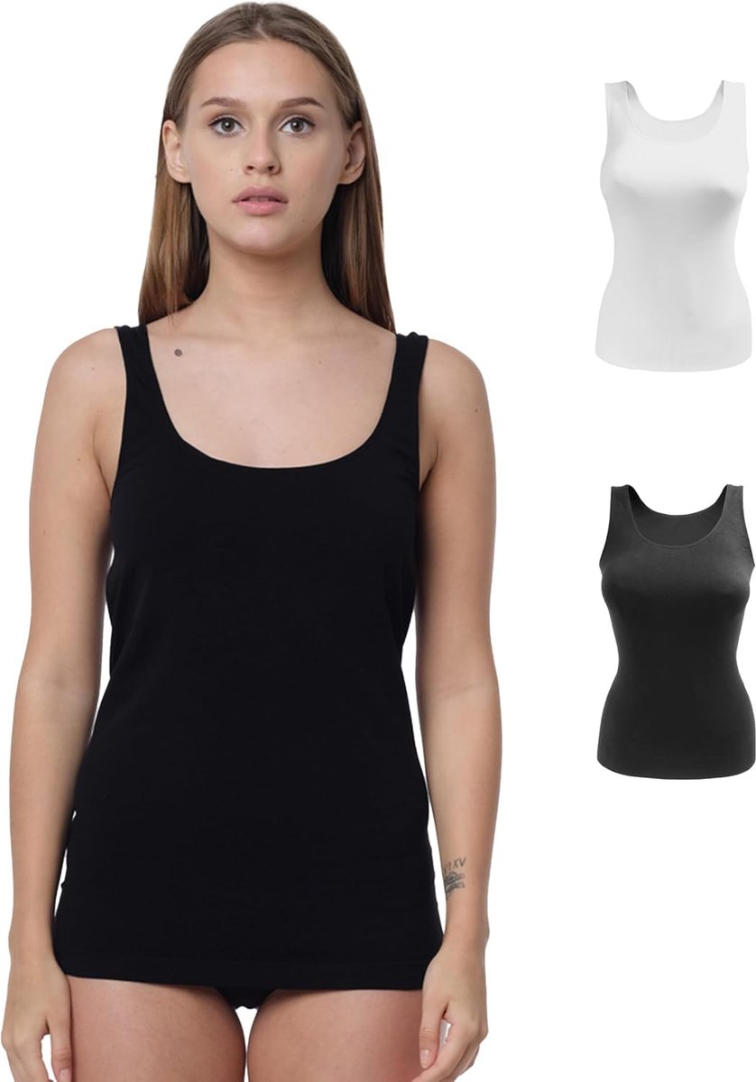 Set van 2 naadloze onderhemden, naadloze tanktop in zwart, wit, huid