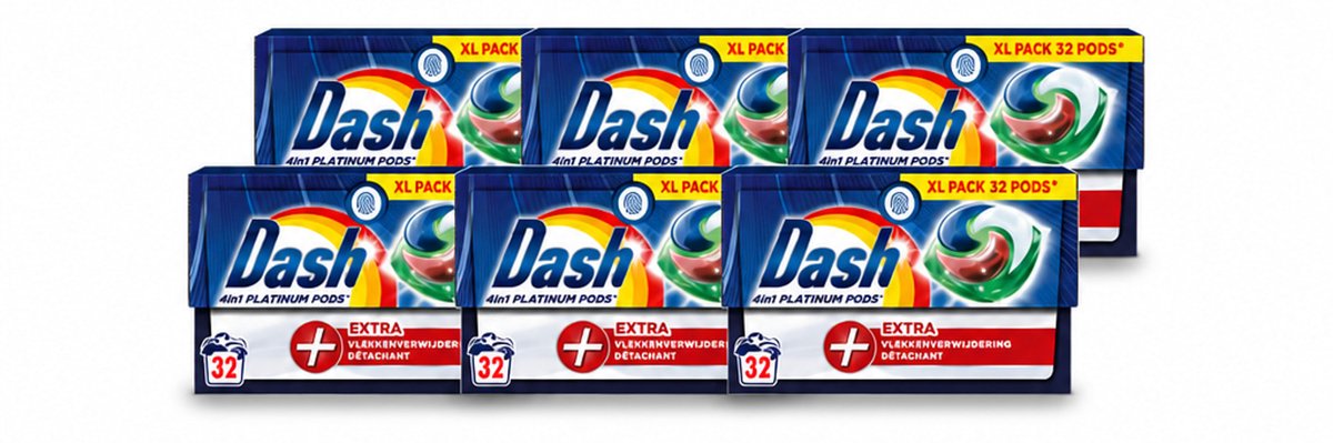 6 x Dash - 4in1 Pods +Extra Vlekkenverwijderaar - Wasmiddelcapsules - Intensieve Reiniging - 32 Wasbeurten - Voordeelverpakking - 6 stuks