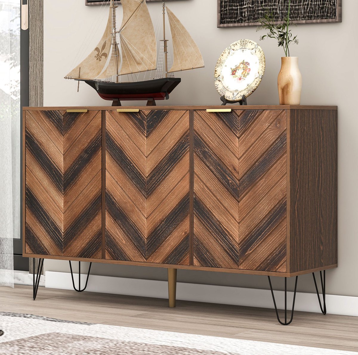MEUNIQ dressoir 120 cm met 3 deuren, legplanken en gouden handgrepen – houten look met zwarte metalen poten voor woonkamer of eetkamer