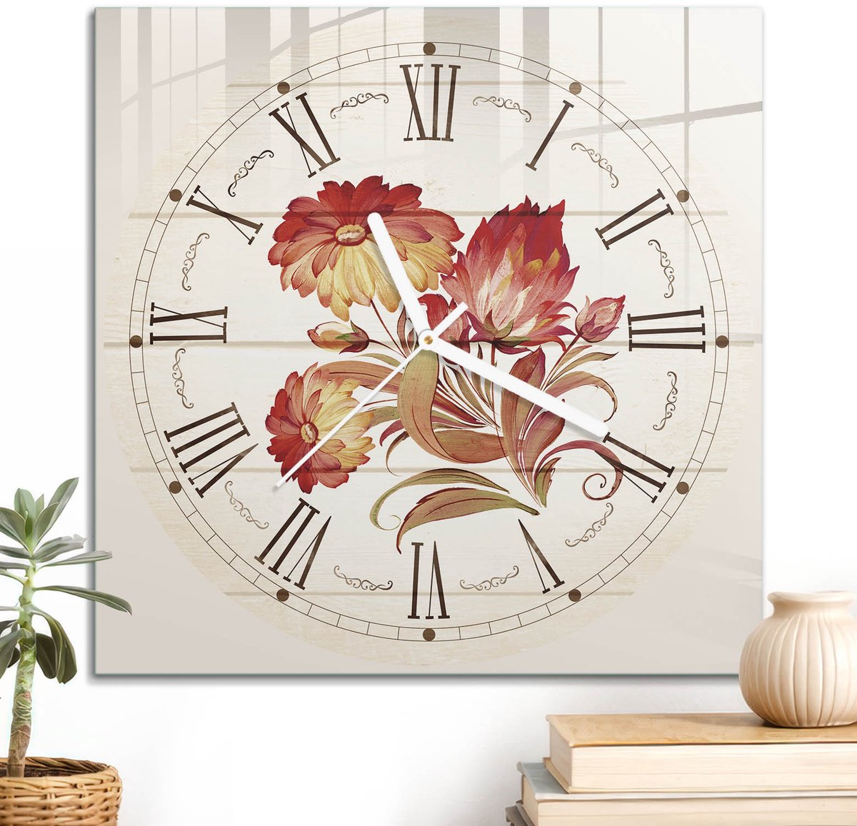 ArtPrintCave Romig Glazen Klok - 30x30 cm - Wandklok Vierkant - Bloemenklok Unieke Klok - Bloemen En Planten Stille Wandklok - Witte Klokwijzers