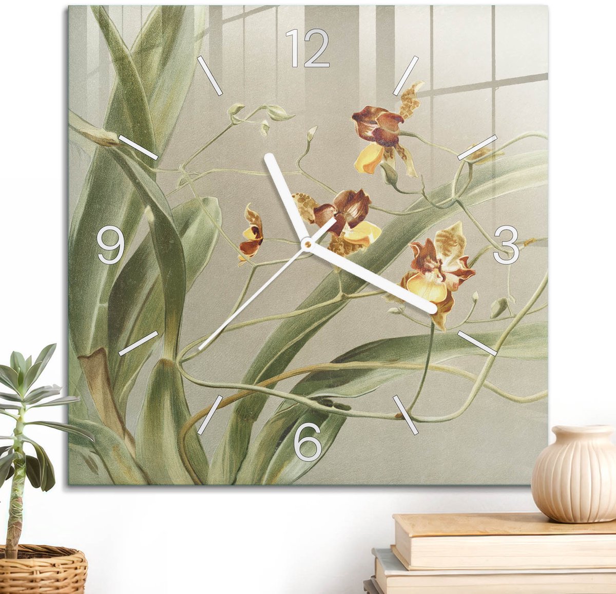 ArtPrintCave Groene Glazen Klok - 30x30 cm - Wandklok Vierkant - Botanische Orchideeën Stille Wandklok - Natuur Wandklok Keuken - Witte Klokwijzers
