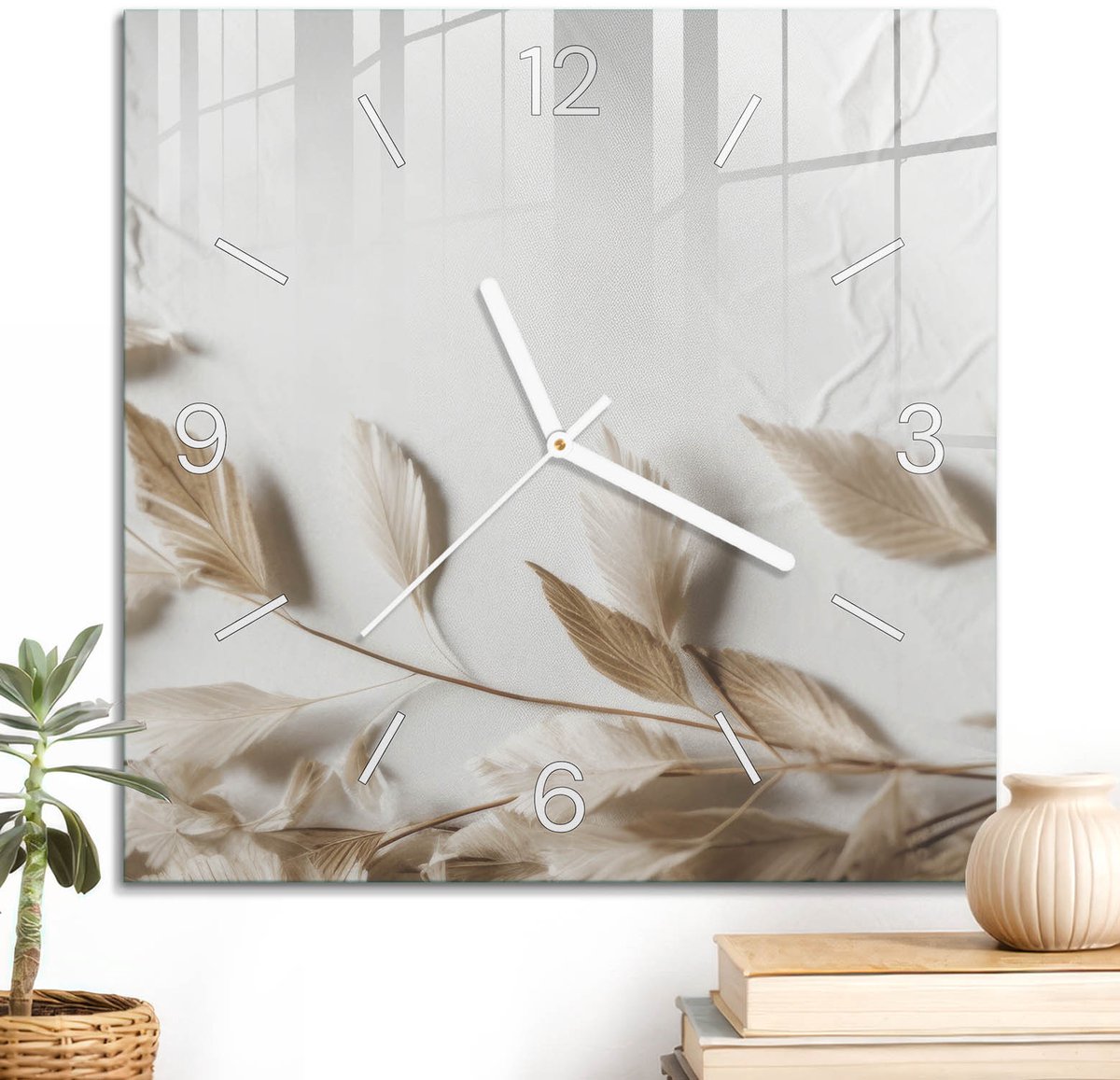ArtPrintCave Beige Glazen Klok - 30x30 cm - Wandklok Vierkant - Beige Natuur Unieke Klok - Achtergronden En Patronen Stille Wandklok - Witte Klokwijzers