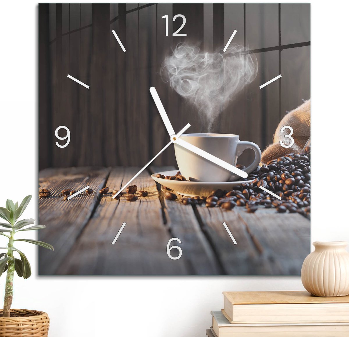 ArtPrintCave Bruin Glazen Klok - 30x30 cm - Wandklok Vierkant - Koffieliefde Wandklok Keuken - Natuur Unieke Klok - Witte Klokwijzers