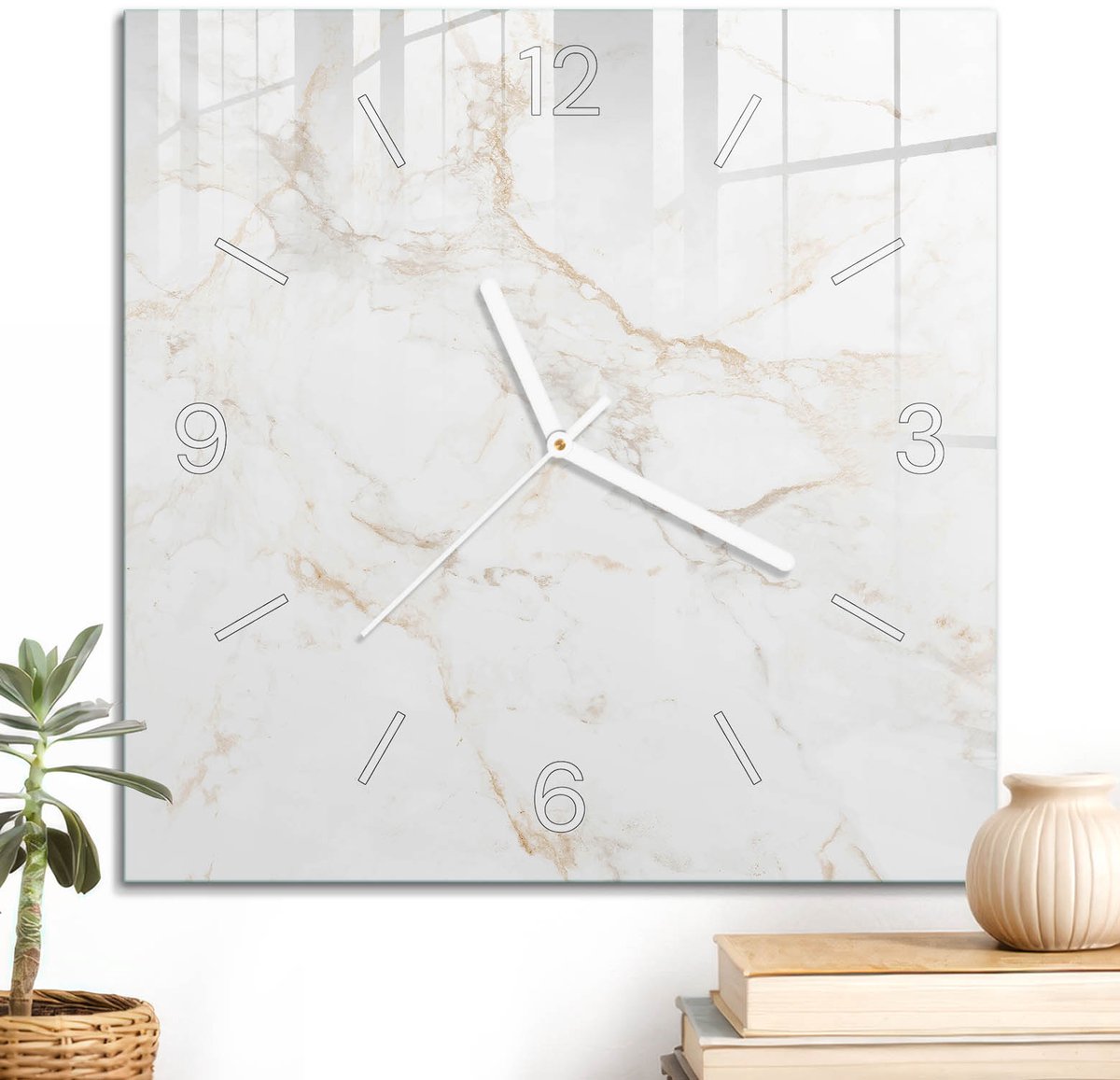 ArtPrintCave Wit Glazen Klok - 30x30 cm - Wandklok Vierkant - Marmeren Elegantie Wandklok Keuken - Kunst Unieke Klok - Witte Klokwijzers