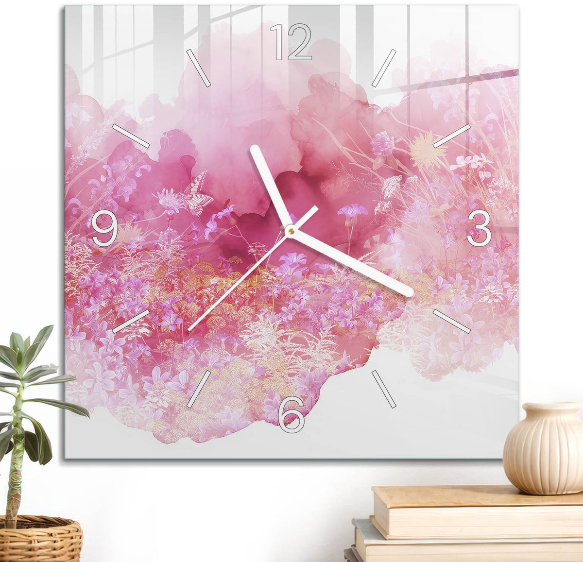 ArtPrintCave Roze Glazen Klok - 30x30 cm - Wandklok Vierkant - Bloemenharmonie Wandklok Keuken - Abstractie Unieke Klok - Witte Klokwijzers