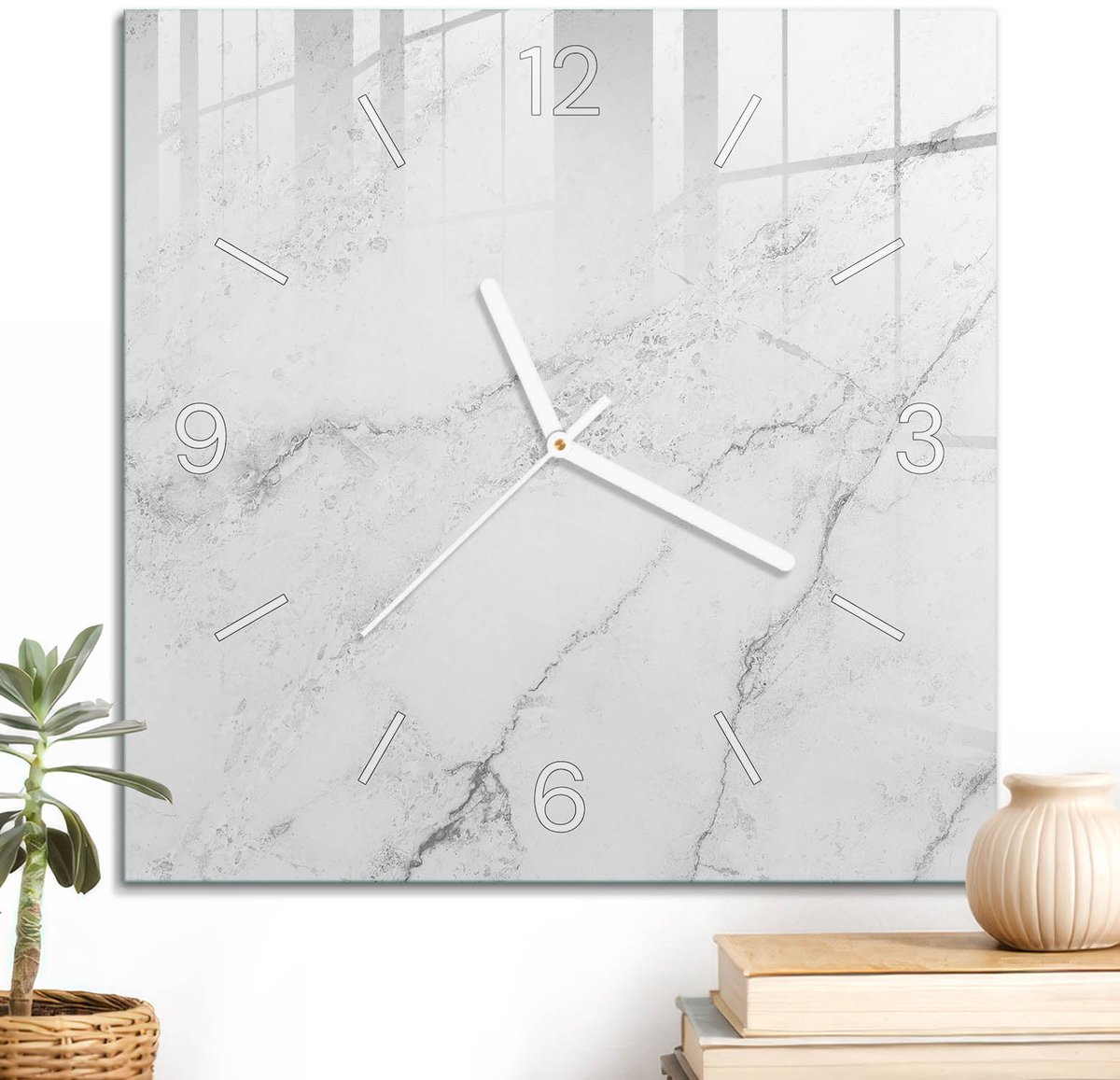 ArtPrintCave Wit Glazen Klok - 30x30 cm - Wandklok Vierkant - Marmerpatroon Stille Wandklok - Achtergronden En Patronen Wandklok Keuken - Witte Klokwijzers