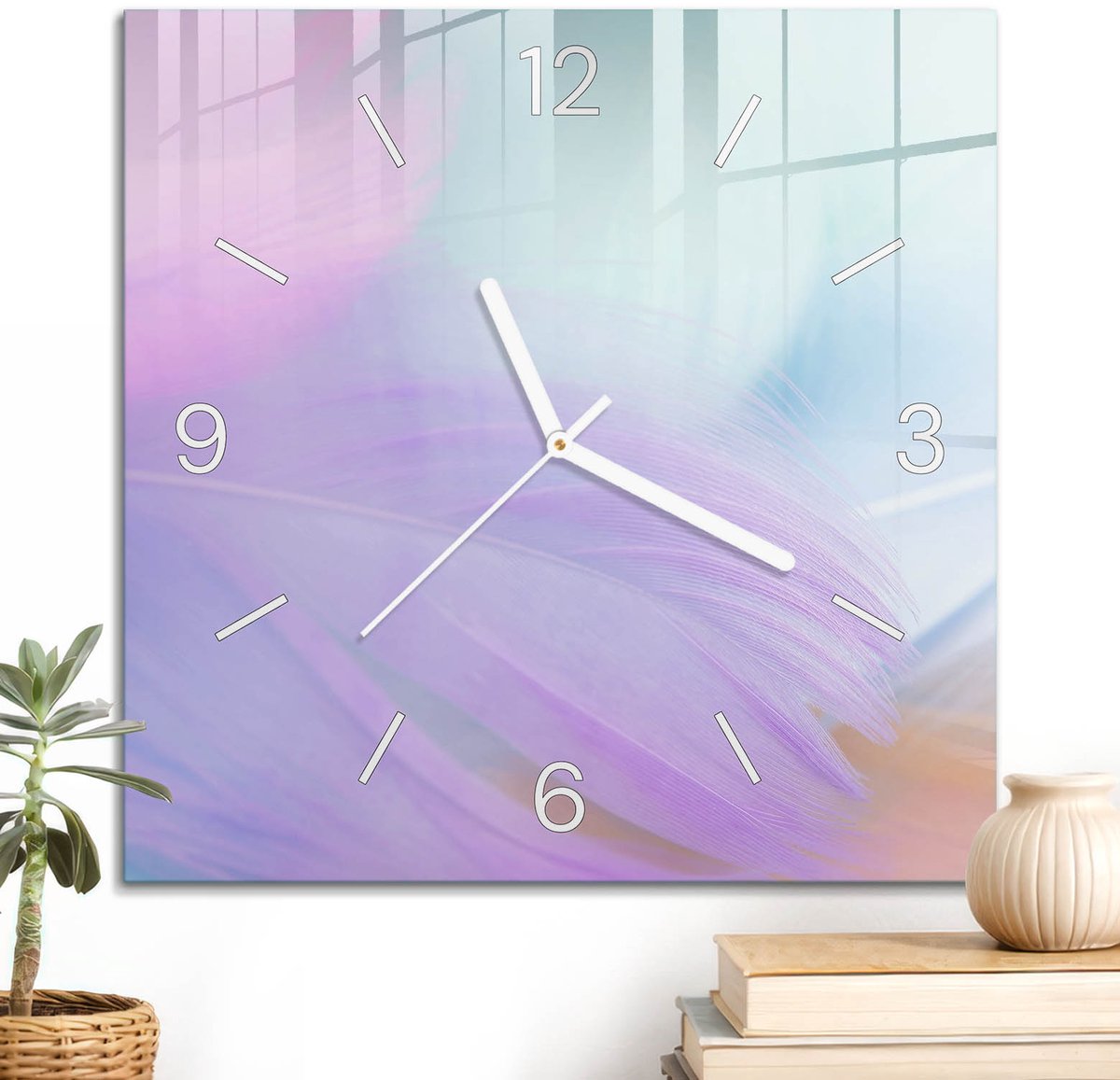ArtPrintCave Roze Glazen Klok - 30x30 cm - Wandklok Vierkant - Pastelkleurige Veren Wandklok Keuken - Abstractie Unieke Klok - Witte Klokwijzers