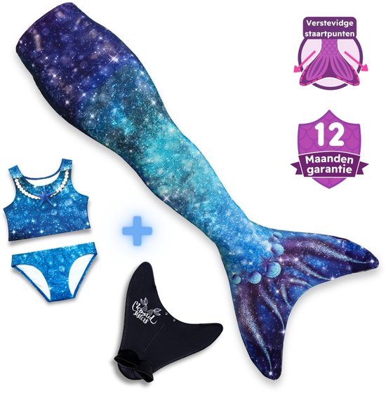 Zeemeerminnenstaart met blauw-paarse galaxyprint, bikini, monofin en 'Verstevigde startpunten' en '12 Maanden garantie' iconen.
