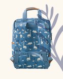 Achterkant van een blauwe kinderrugzak met dinosaurussenprint en bruine details.