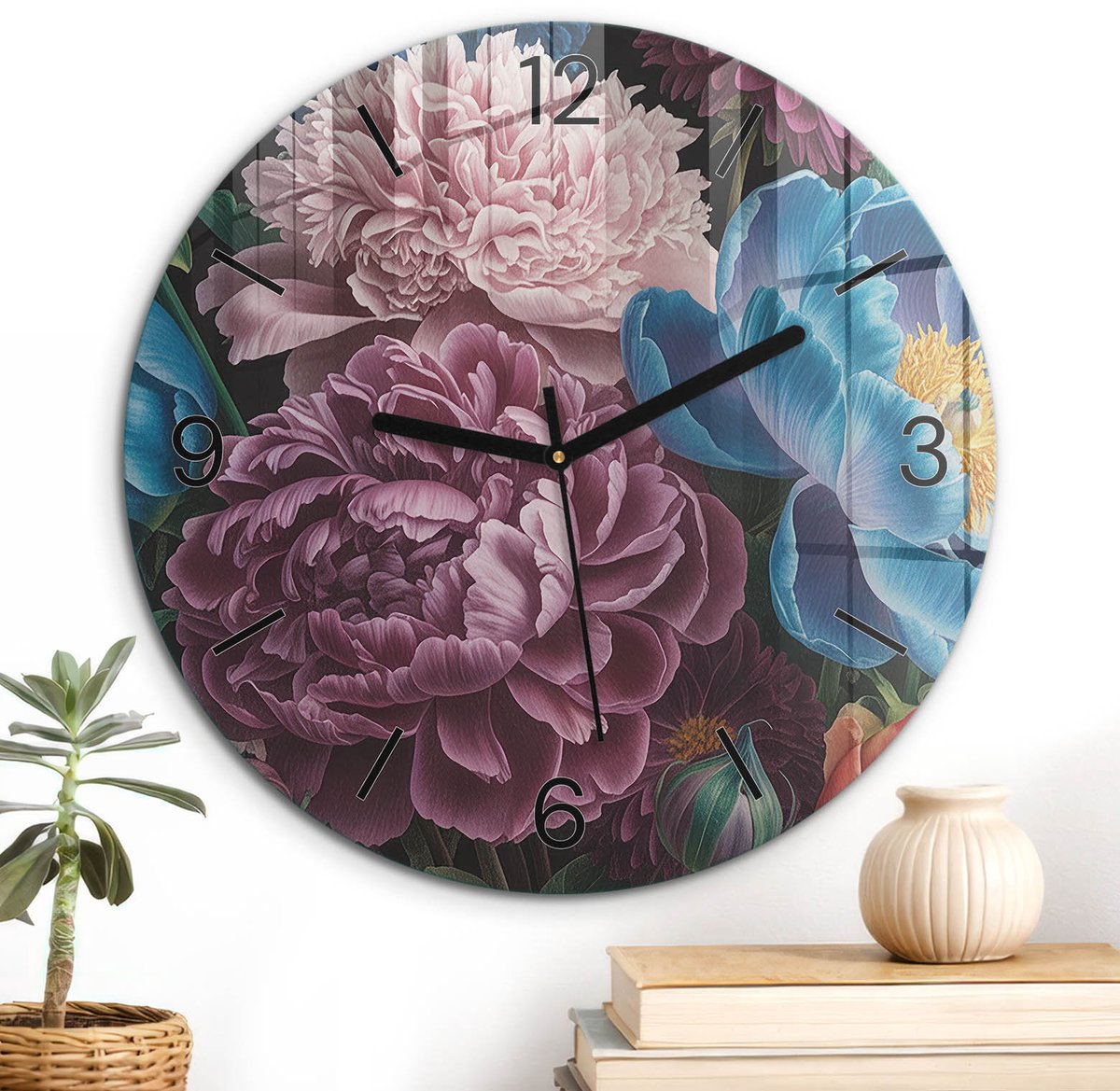 ArtPrintCave Paars Glazen Klok - Wandklok 30 cm - Muurklok Rond - Bloemarrangement Stille Wandklok - Kunst Wandklok Keuken - Zwarte Klokwijzers