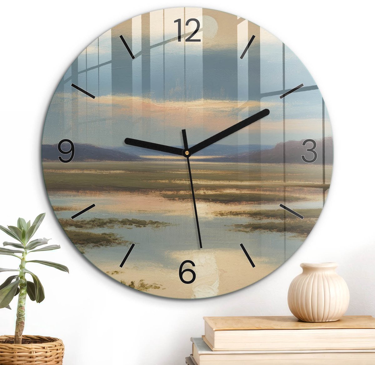 ArtPrintCave Blauw Glazen Klok - Wandklok 30 cm - Muurklok Rond - Pastel Landschap Unieke Klok - Natuur Stille Wandklok - Zwarte Klokwijzers
