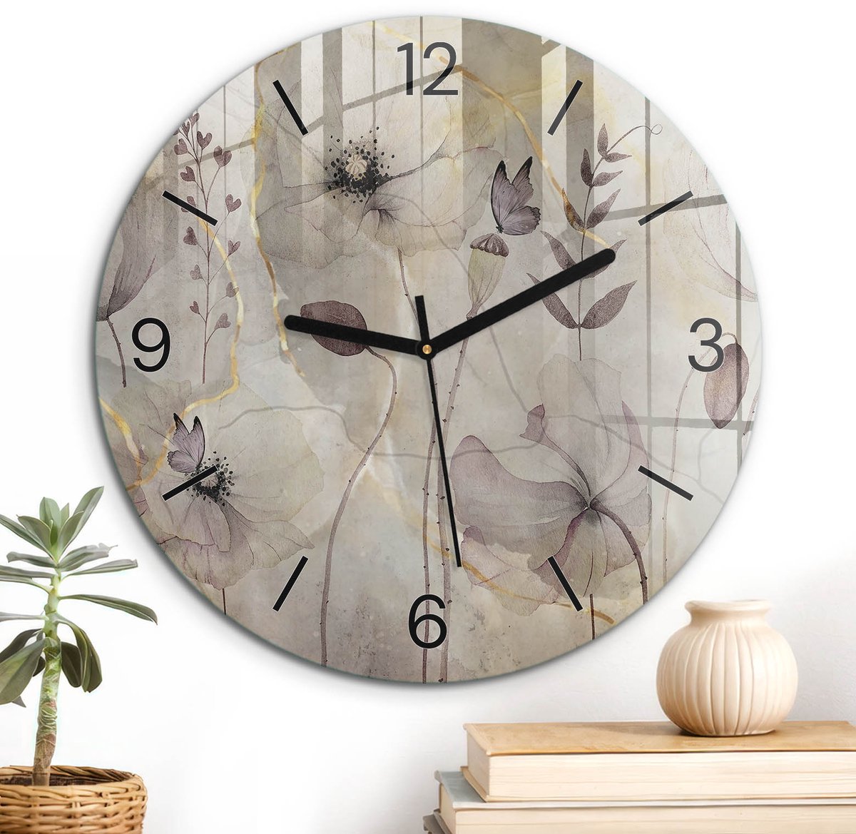 ArtPrintCave Beige Glazen Klok - Wandklok 30 cm - Muurklok Rond - Bloemige Lichtheid Unieke Klok - Natuur Stille Wandklok - Zwarte Klokwijzers