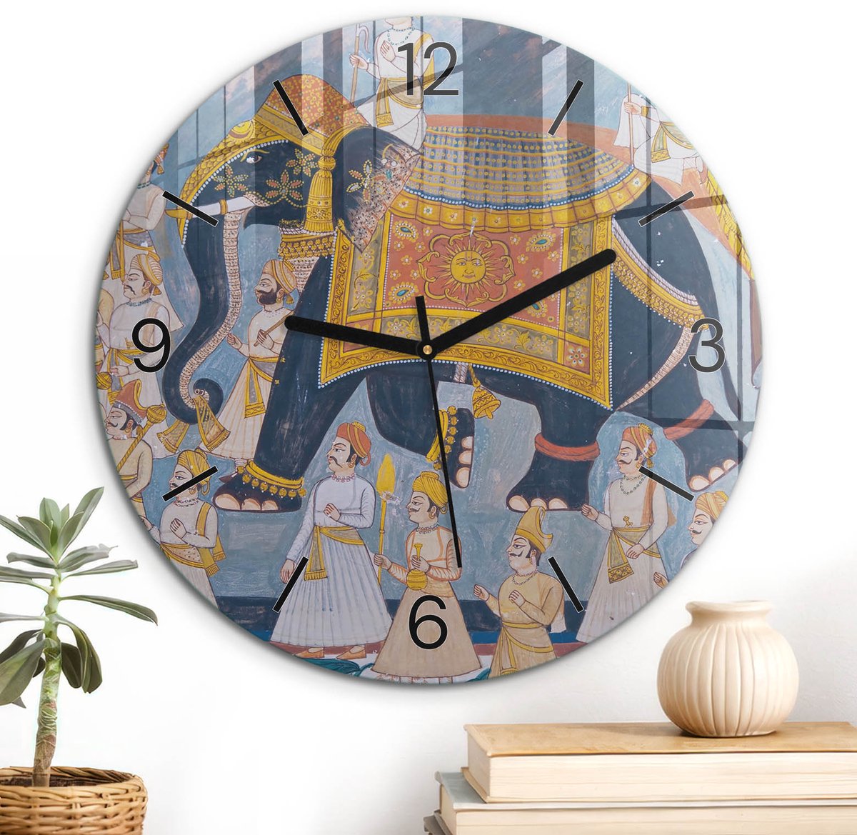 ArtPrintCave Geel Glazen Klok - Wandklok 30 cm - Muurklok Rond - Indiase Processie Unieke Klok - Mensen Stille Wandklok - Zwarte Klokwijzers