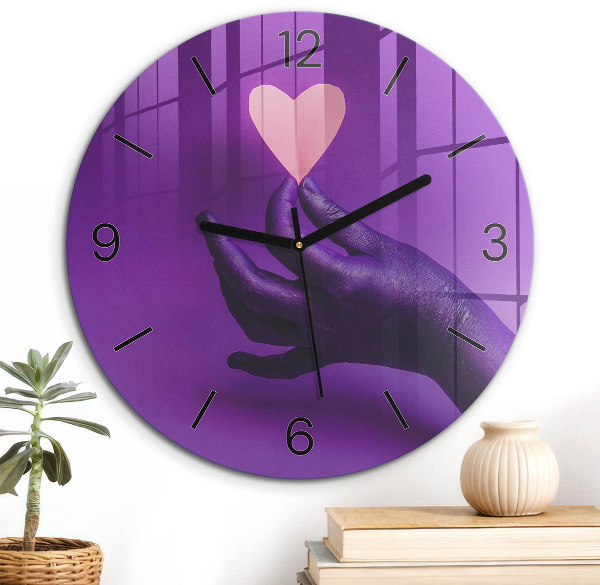 ArtPrintCave Paars Glazen Klok - Wandklok 30 cm - Muurklok Rond - Paars Hart Stille Wandklok - Abstractie Wandklok Keuken - Zwarte Klokwijzers