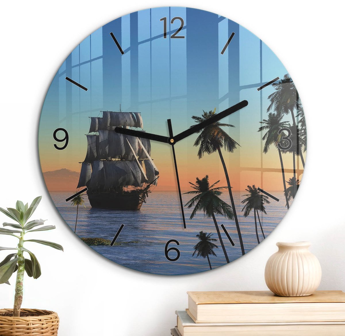 ArtPrintCave Blauw Glazen Klok - Wandklok 30 cm - Muurklok Rond - Zeeavontuur Wandklok Keuken - Natuur Unieke Klok - Zwarte Klokwijzers