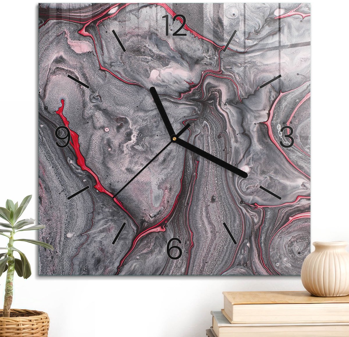 ArtPrintCave Grijs Glazen Klok - 30x30 cm - Wandklok Vierkant - Abstracte Vormen Wandklok Keuken - Kunst Unieke Klok - Zwarte Klokwijzers