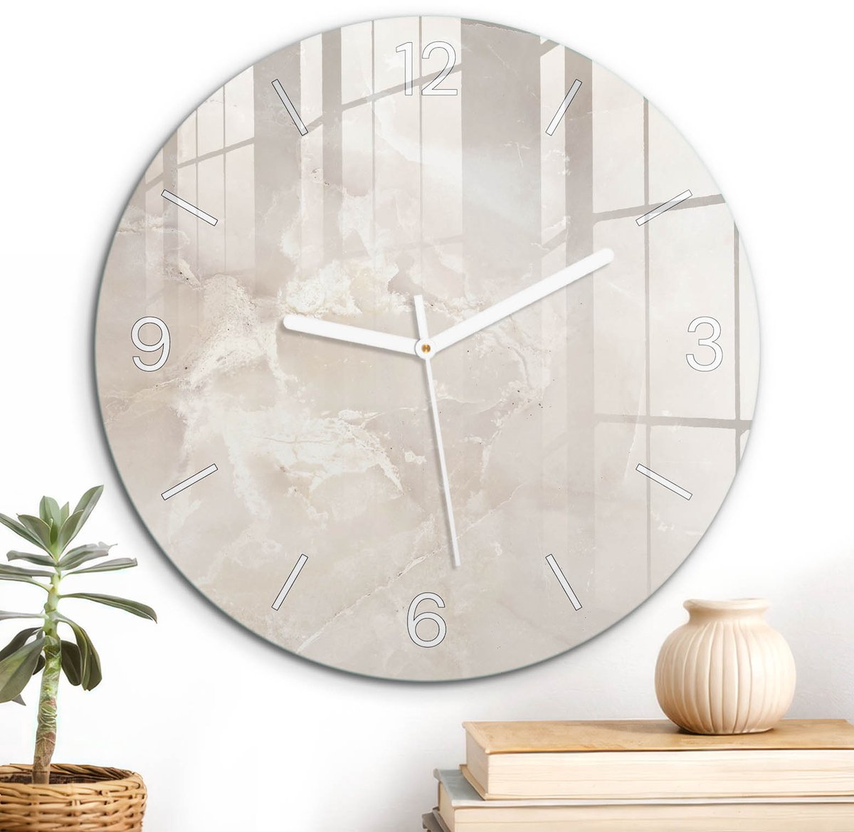 ArtPrintCave Beige Glazen Klok - Wandklok 30 cm - Muurklok Rond - Marmer Detail Stille Wandklok - Achtergronden En Patronen Wandklok Keuken - Witte Klokwijzers