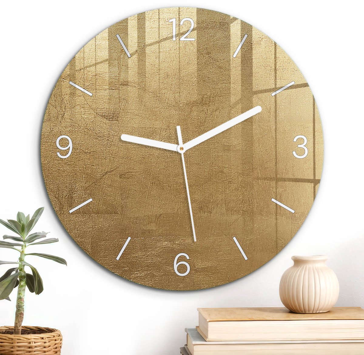ArtPrintCave Geel Glazen Klok - Wandklok 30 cm - Muurklok Rond - Gouden Textuur Stille Wandklok - Achtergronden En Patronen Wandklok Keuken - Witte Klokwijzers