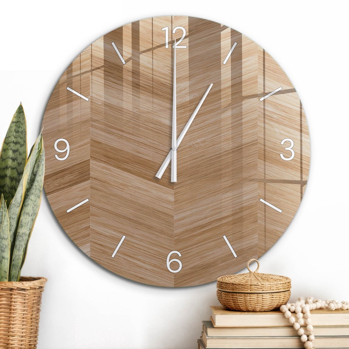 ArtPrintCave Bruin Glazen Klok - Wandklok 60 cm - Muurklok Rond - Houten Chevron Stille Wandklok - Achtergronden En Patronen Wandklok Keuken - Witte Klokwijzers