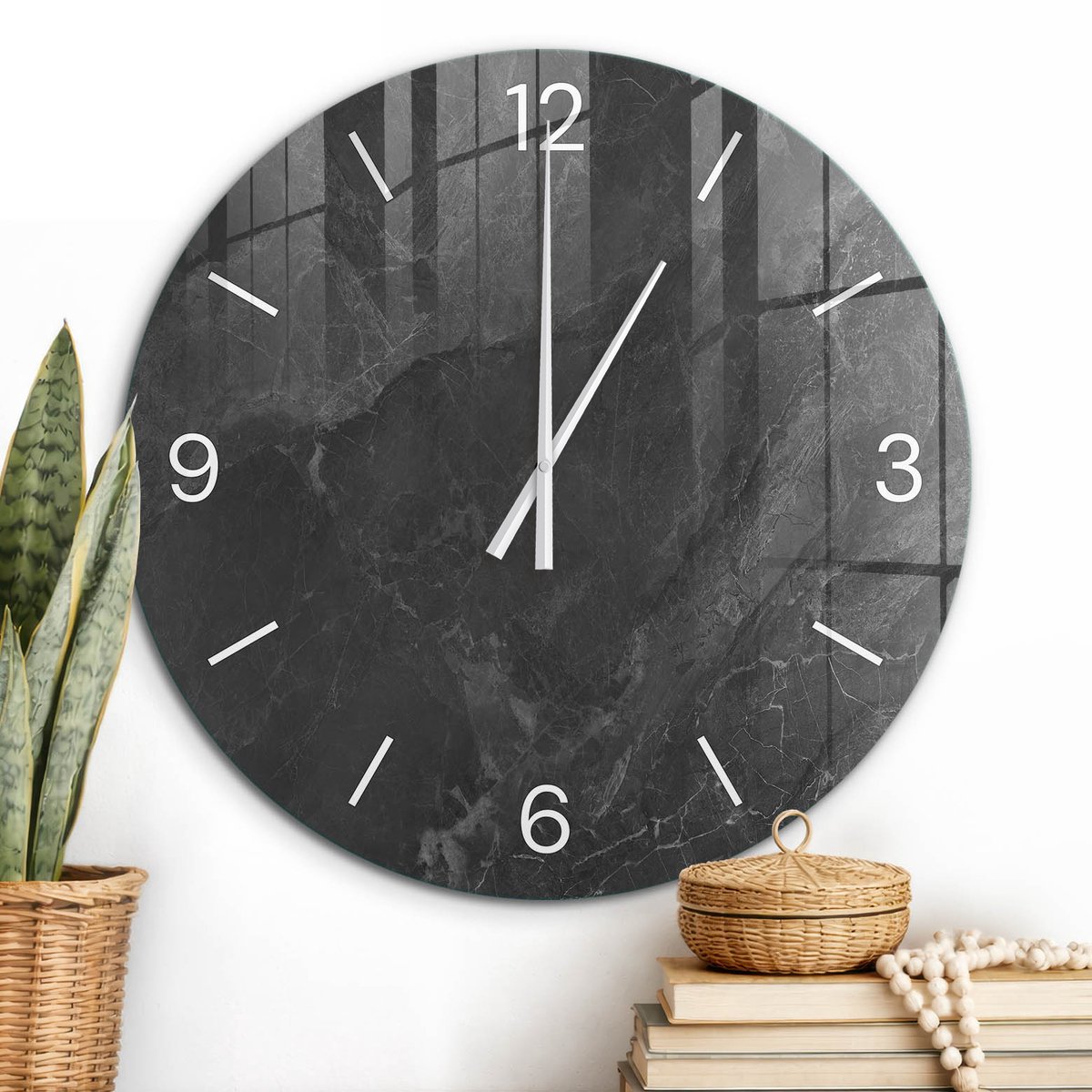 ArtPrintCave Zwart Glazen Klok - Wandklok 60 cm - Muurklok Rond - Stenen Elegantie Stille Wandklok - Achtergronden En Patronen Wandklok Keuken - Witte Klokwijzers