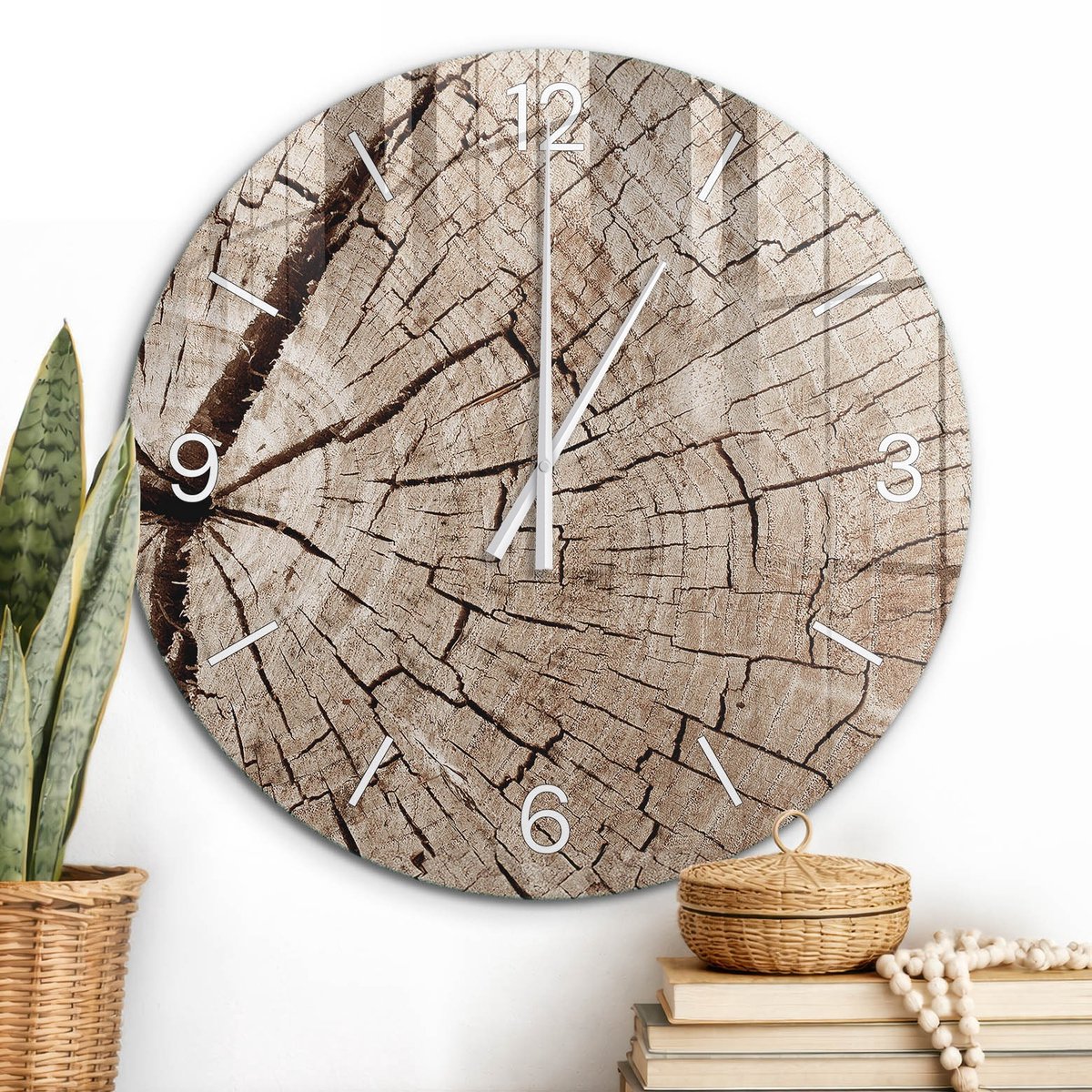 ArtPrintCave Bruin Glazen Klok - Wandklok 60 cm - Muurklok Rond - Houtstructuur Stille Wandklok - Natuur Wandklok Keuken - Witte Klokwijzers