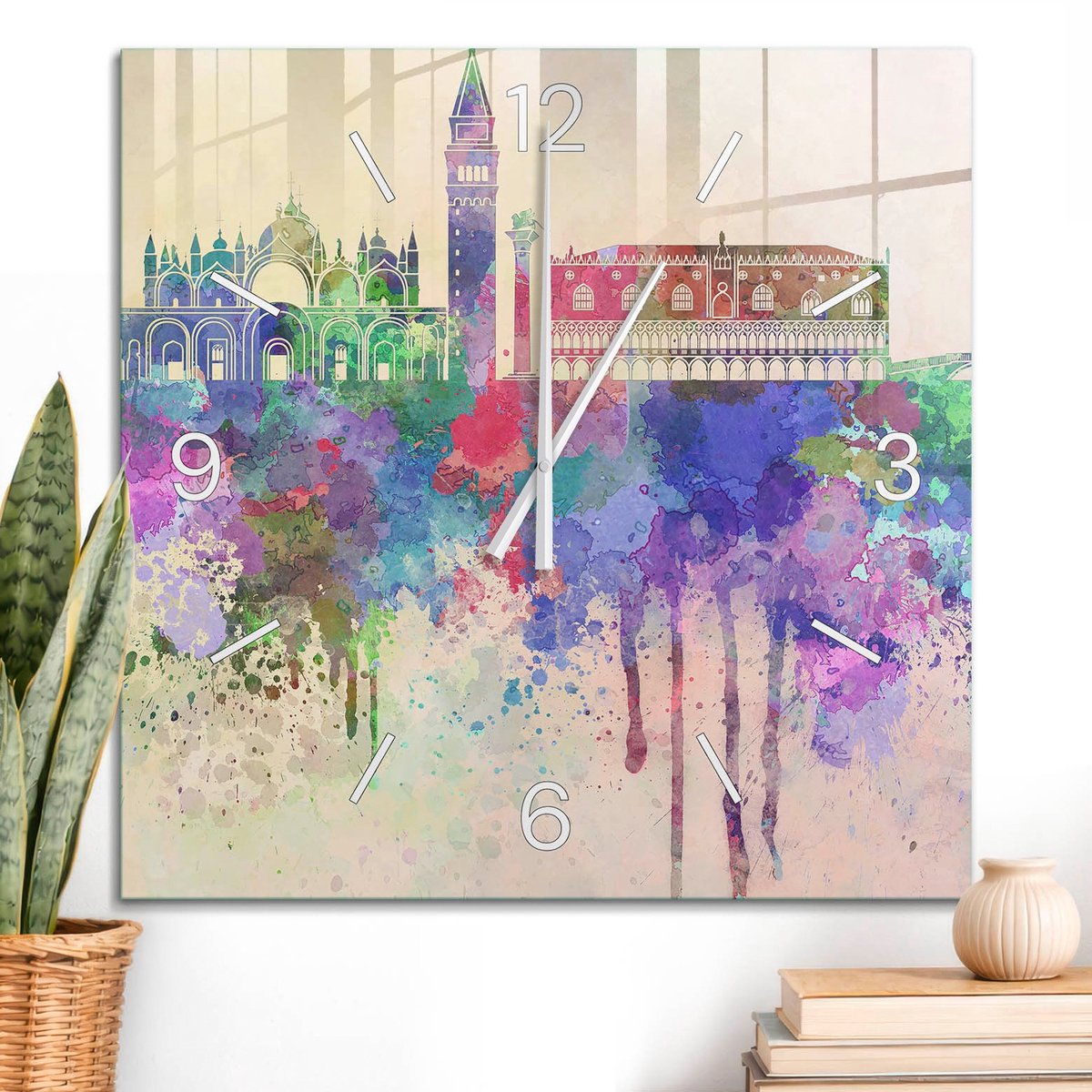 ArtPrintCave Groene Glazen Klok - 60x60 cm - Wandklok Vierkant - Stad Van De Kunst Wandklok Keuken - Kunst Unieke Klok - Witte Klokwijzers