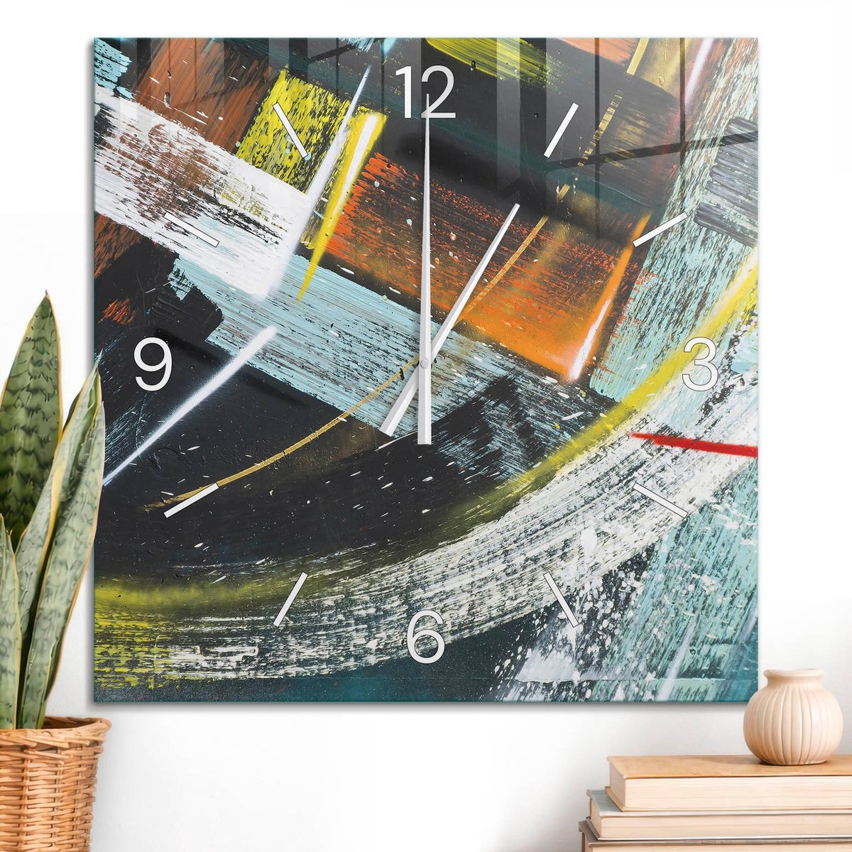 ArtPrintCave Turkoois Glazen Klok - 60x60 cm - Wandklok Vierkant - Kleurrijke Abstractie Wandklok Keuken - Kunst Unieke Klok - Witte Klokwijzers