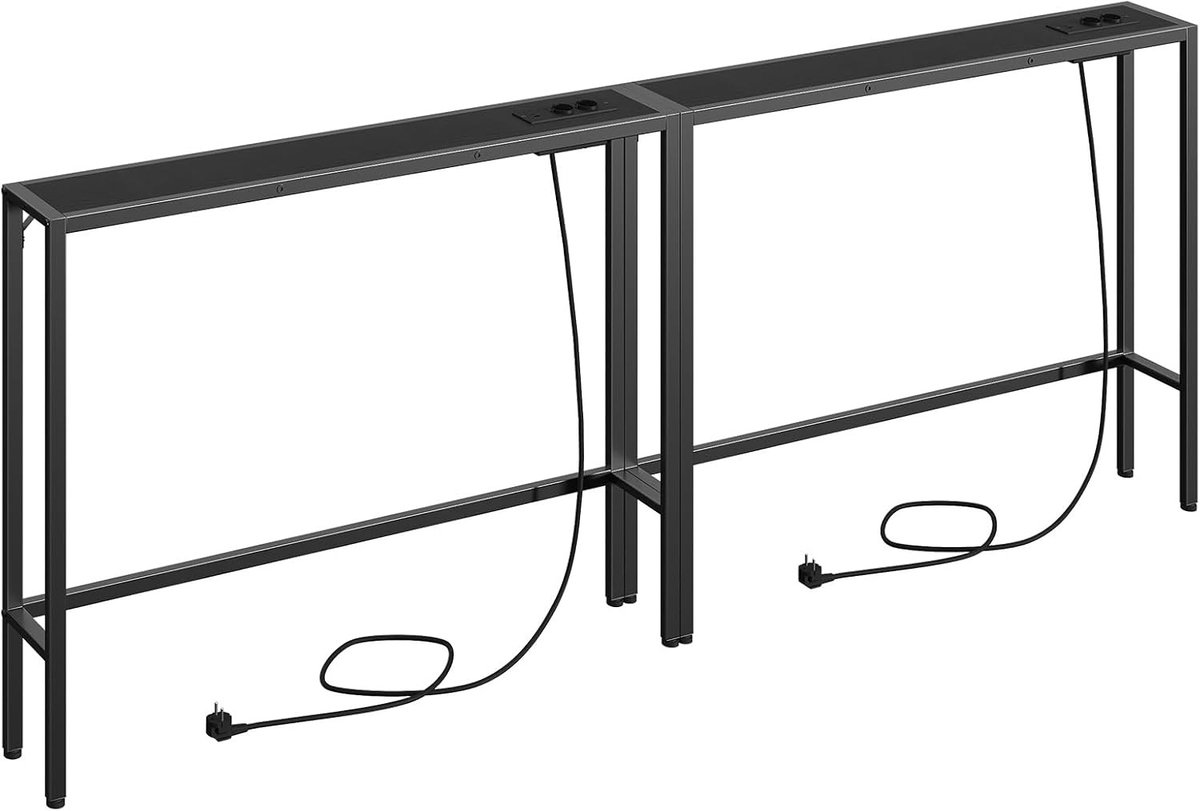 Vellaro Bijzettafel met laadstation - Zwart - 100 x 15 x 80 cm - Houten Consoletafel met Metalen Frame - Voor Woonkamer en Slaapkamer