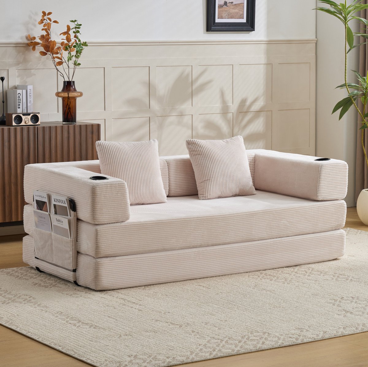 MODENUIT Slaapbank 185 x 92,5 cm - Opvouwbaar Met Bekerhouder En Zijvak - Woonkamer - Ribfluweel Wit