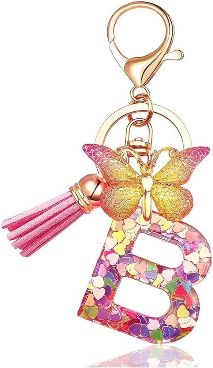 Sleutelhanger voor meisjes, sleutelhanger, vlinder, roze met beginletters, goud, sleutelringen, hartvormig, hars, sleutelhanger, gepersonaliseerd sleutelhanger, cadeau