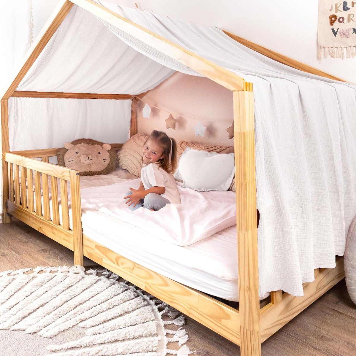 Lilimaus Hemelbedgordijn voor huisvormig bed, 100% katoen, handgemaakt, decoratief, voor kinderen, meisjes en jongens, wit