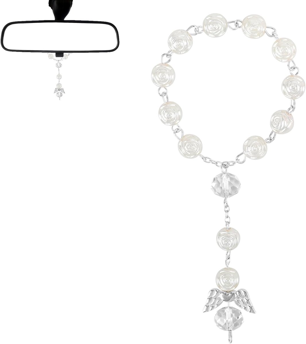 Auto rozenkrans spiegel hanger, katholieke beschermengel opknoping accessoires voor achteruitkijkspiegel, religieus geschenk en geluksbrenger, auto-interieuraccessoires voor vrouwen/mannen
