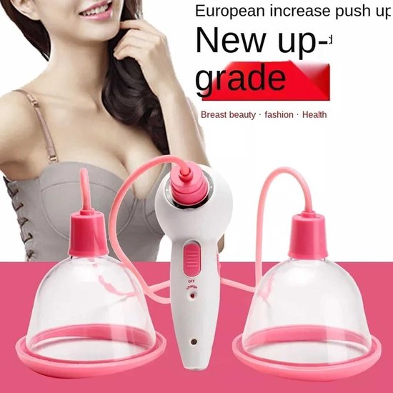 Vrouw met een bh en borstvergroting, met twee witte en roze borststimulatorcups en een centrale witte handset. Tekst: 'European increase push up New up-grade'.