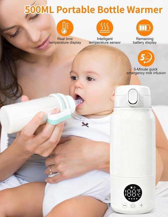 Flessenwarmer Baby Onderweg - 500ml Draagbare Flessenwarmer Verwarmt Water of Melk, met USB-kabel en Reinigingsborstel voor Nachtvoedingen op Reis — afbeelding 2
