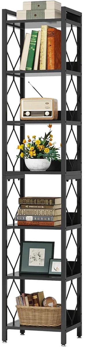 DMG Supply Boekenkast Smal 7 Niveaus – 35 x 35 x 200 cm – Zwart – Spaanplaat en Metaal