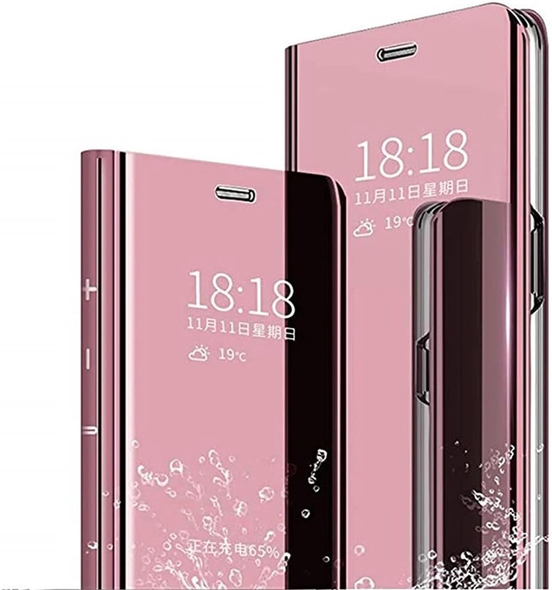 Hoes voor Samsung Galaxy A12, leren hoes M12, flipcase, spiegel, hoes, inklapbaar, beschermhoes, telefoonhoes met standaard, PC spiegel cover, compatibel met Samsung Galaxy A12, roze