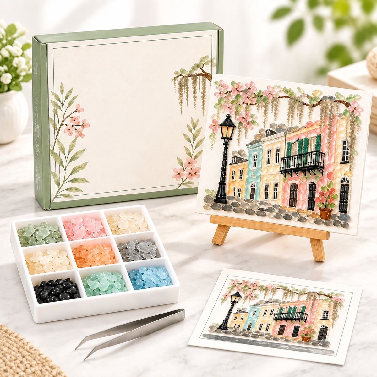 VHV - Kerstcadeau Zeeglas Art Mozaïek Pakket - Knutselpakket voor Volwassenen - DIY Pakket - Compleet met Pincet & Houten Ezeltje - Voor Beginners